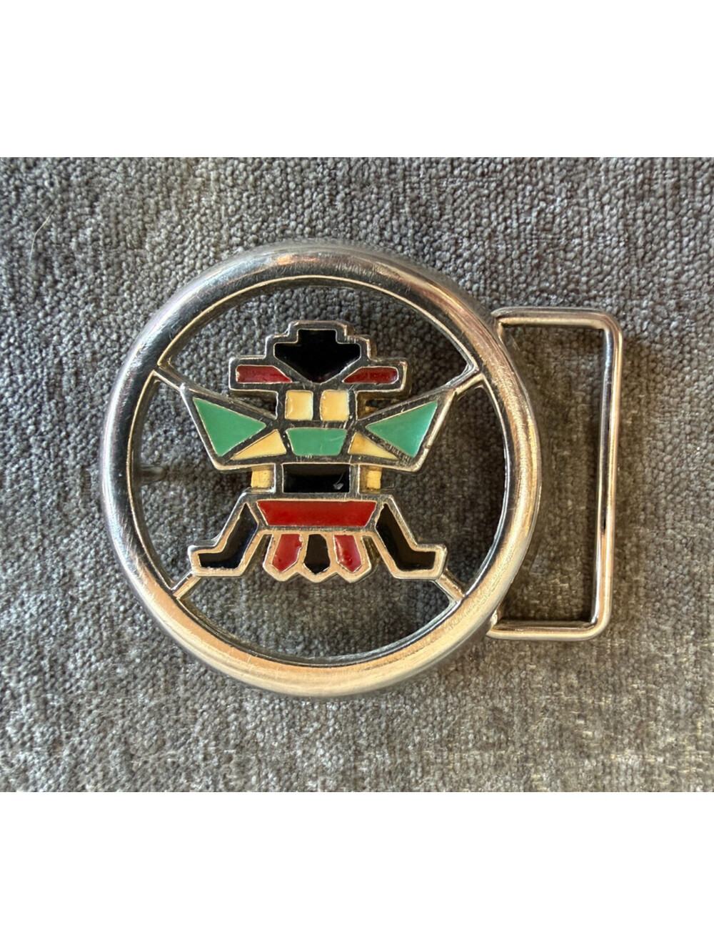 Vintage Southwestern Hopi Kachina Enamel Belt Buckle Silver Tone Round 3 Inch
